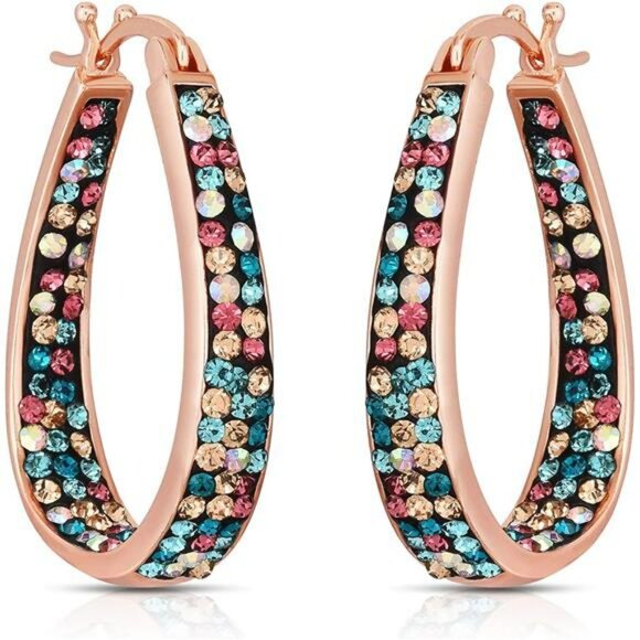 Gold Crystal Hoop Earrings for Women Oval Inside Out Sparkly Hypoallergenic - Picture 2 of 6